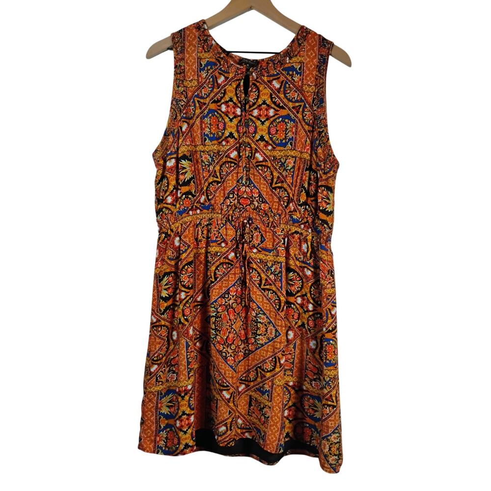 LUCKY Brand XL Sleeveless Ruched Tribal Mosaic Dress Boho Spanish Print
